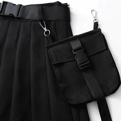 Street Off Shoulder Buckle Strap Zipper Crop Top Belted Pleated Skirt