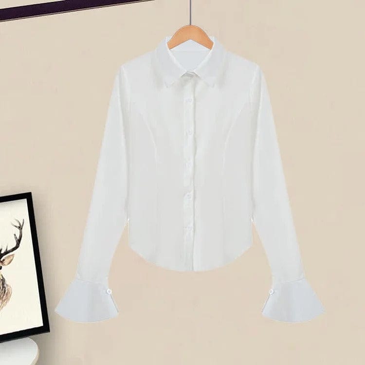 Preppy Bell Sleeve Lapel Shirt Denim Skirt Two Piece Set Meowhiskers