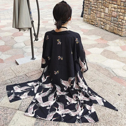 Vintage Crane Floral Print Cardigan Kimono Outerwear