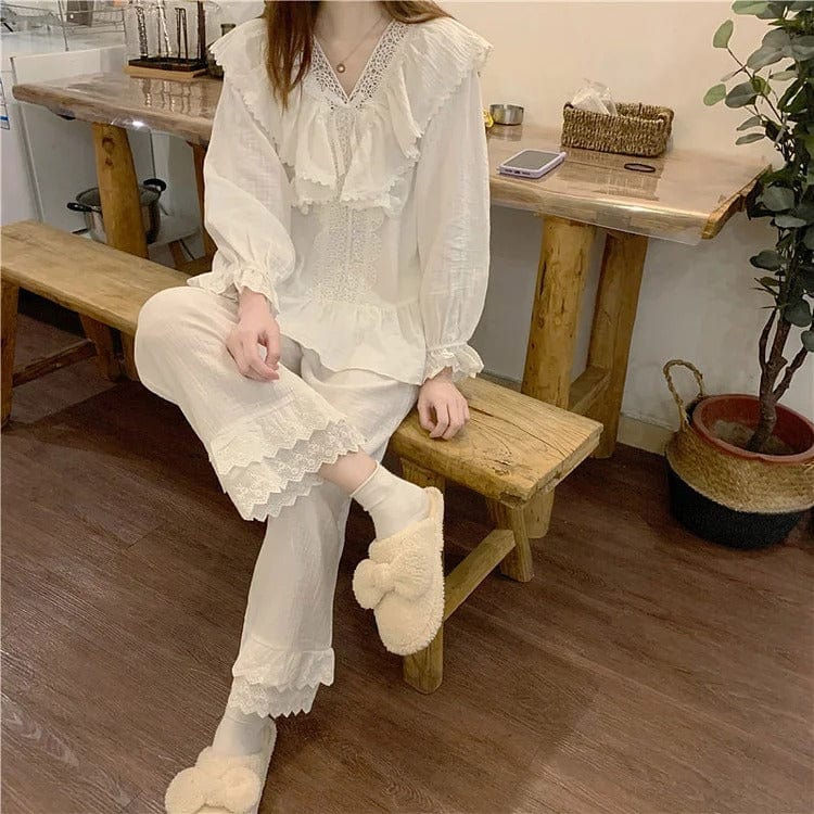 Pure Color Bowknot Lace Home Pajamas Set Meowhiskers