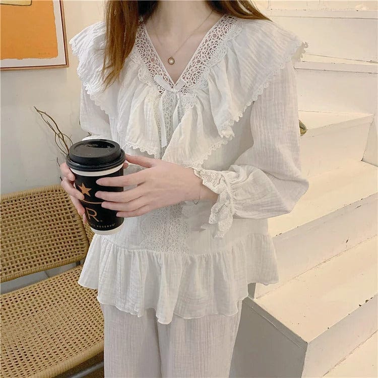 Pure Color Bowknot Lace Home Pajamas Set Meowhiskers