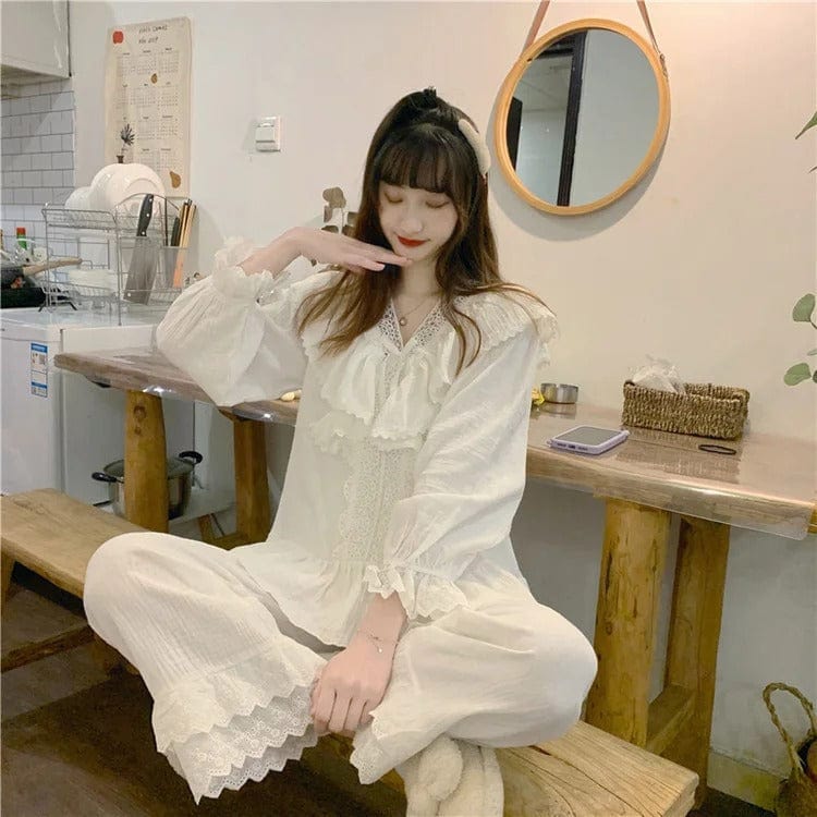 Pure Color Bowknot Lace Home Pajamas Set Meowhiskers