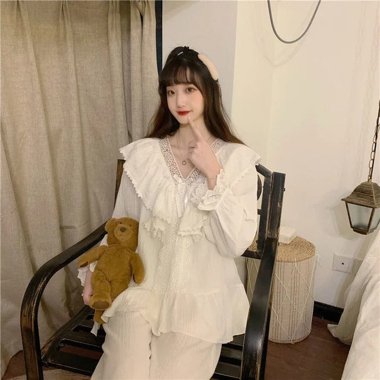 Pure Color Bowknot Lace Home Pajamas Set Meowhiskers