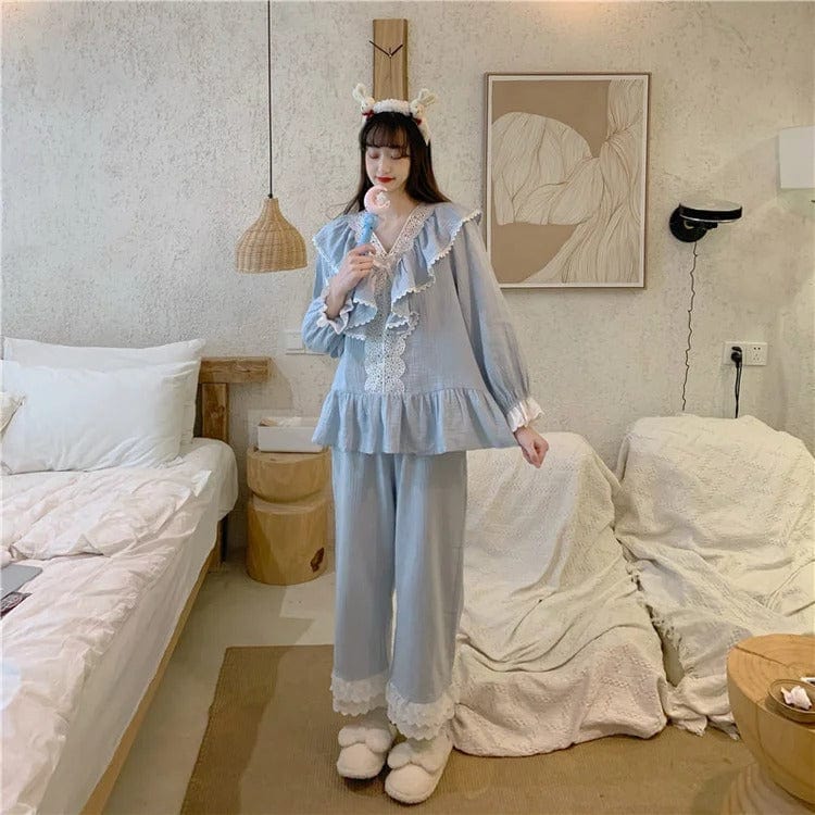 Pure Color Bowknot Lace Home Pajamas Set Meowhiskers