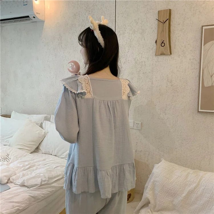 Pure Color Bowknot Lace Home Pajamas Set Meowhiskers