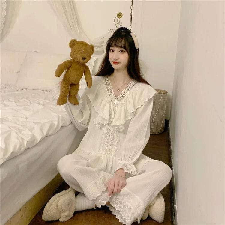 Pure Color Bowknot Lace Home Pajamas Set Meowhiskers