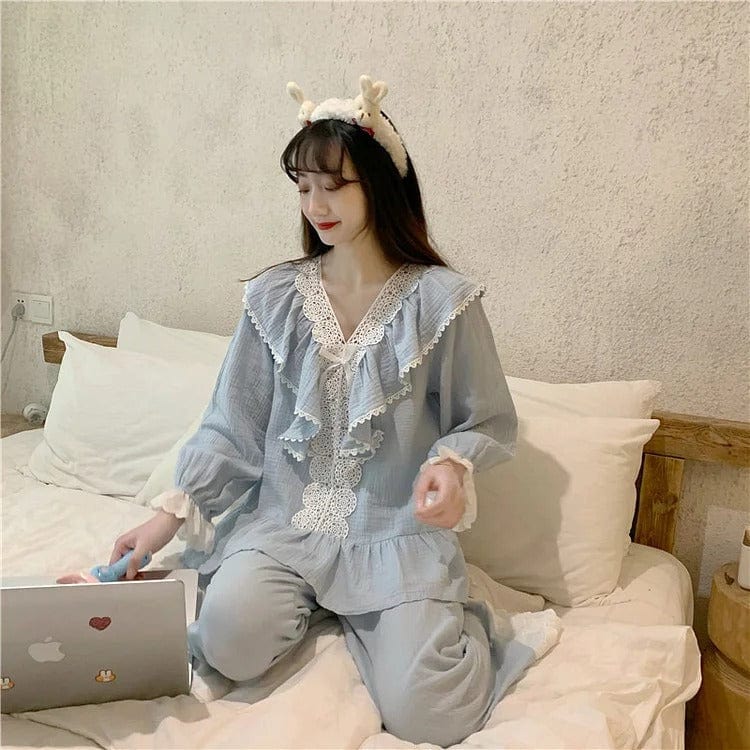 Pure Color Bowknot Lace Home Pajamas Set Meowhiskers