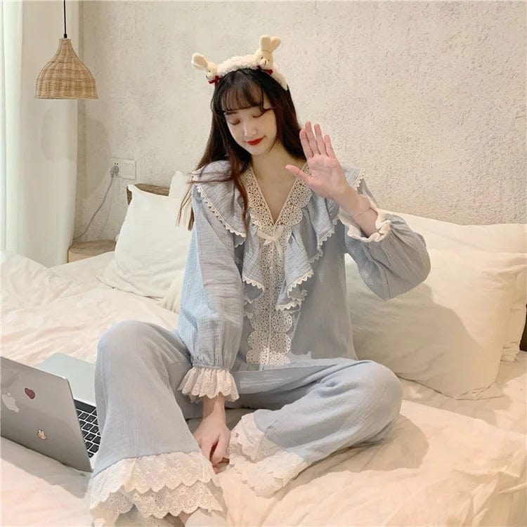 Pure Color Bowknot Lace Home Pajamas Set Meowhiskers