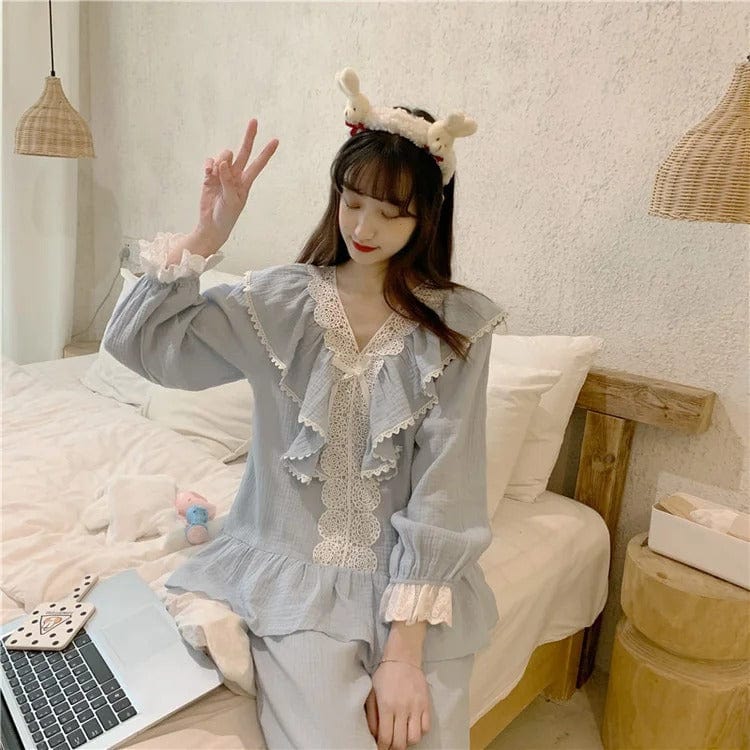 Pure Color Bowknot Lace Home Pajamas Set Meowhiskers