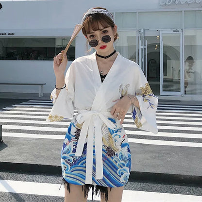 Vintage Crane Blossom Print Cardigan Kimono Outerwear