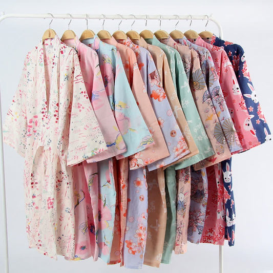 Vintage Cartoon Bunny Sakura Print Kimono Outerwear