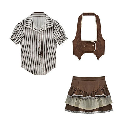 Puff Sleeve Striped T-Shirt Vest Layered High Waist Mini Skirt