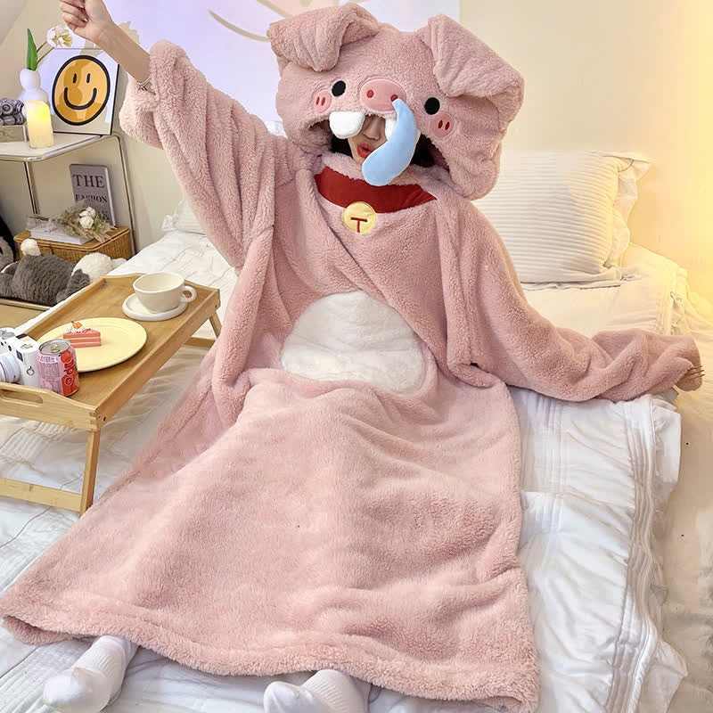 Kawaii Funny Piggy Embroidery Hooded Jumpsuit Pajamas Dress