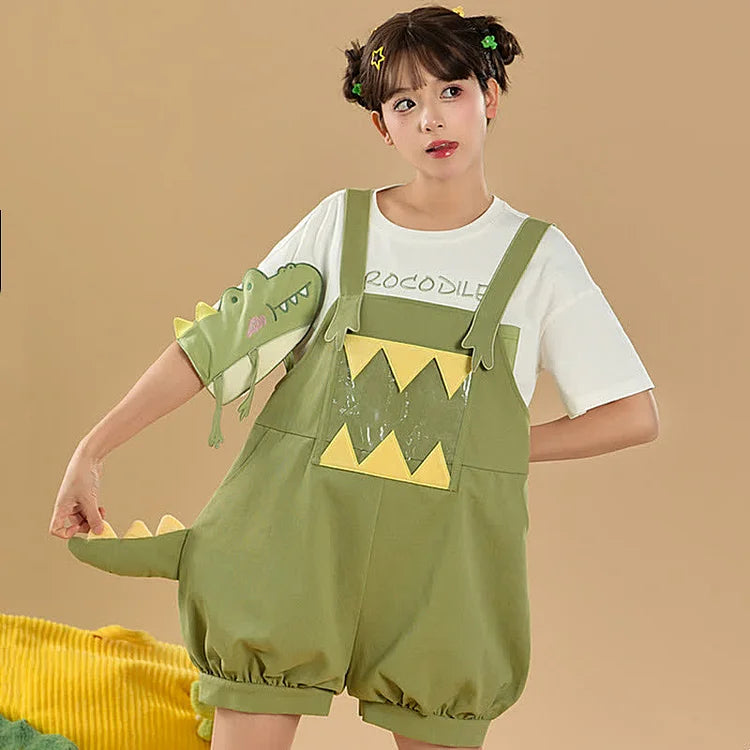 Cartoon Dinosaur Letter Embroidery Casual T-Shirt Overalls Shorts