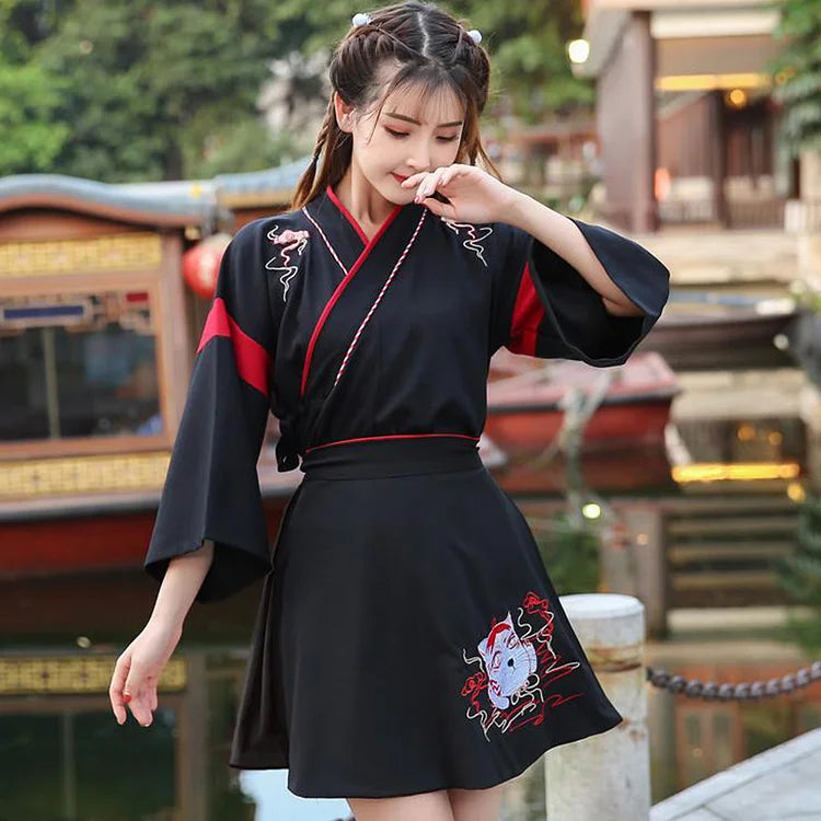 Vintage Fox Embroidery Shirt Lace Up Skirt Set