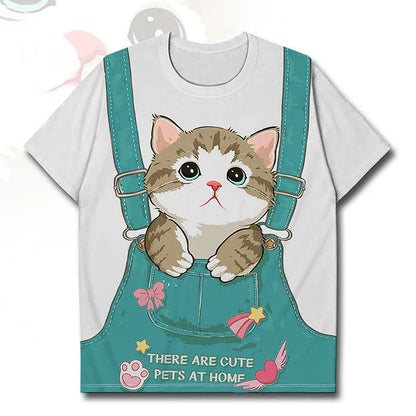 Cute Cartoon Kitty Print Round Neck Casual Mesh T-Shirt