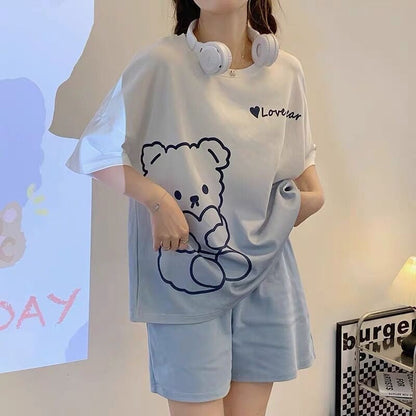 Cartoon Bear Heart Letter Summer Cotton Pajamas Set