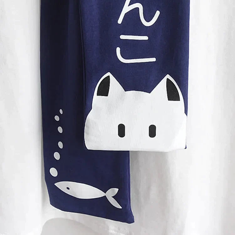 Cartoon Cat Fish Letter Print Striped T-Shirt Pleated Skirt