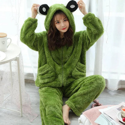 Kawaii Frog Ears Hooded Plush Pajamas Set