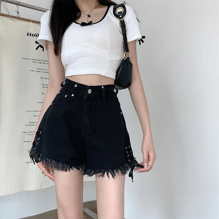 Cross Embroidery High Waist Lace Up Fringed Denim Shorts