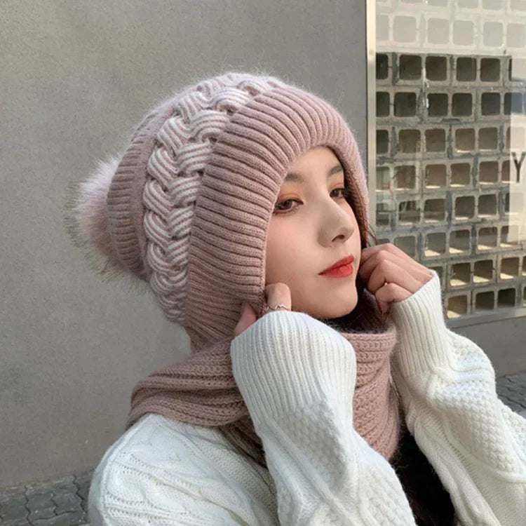 Cute Knit Warm Scarf Hat Fur Pom Pom