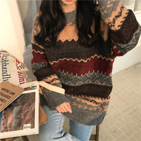Vintage Rhombus Knitwear Casual Loose Sweater