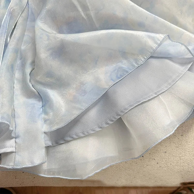 Puff Sleeve Lace-Up Cardigan Floral Print Ruffle Corset Slip Dress