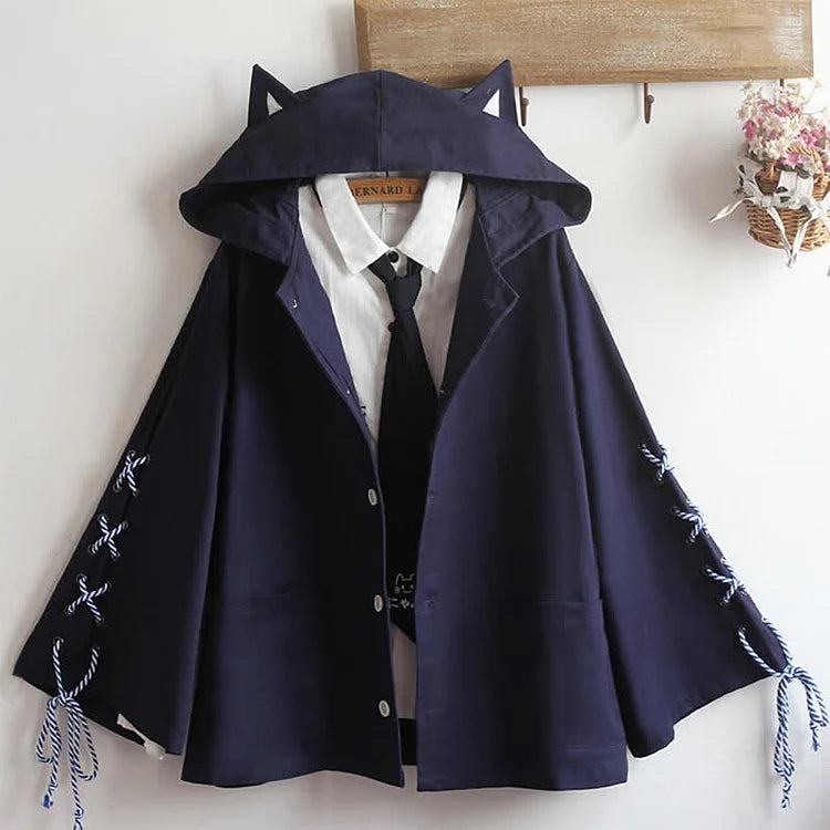 Kawaii Kitty Lace Up Zipper Hooded Cloak Coat