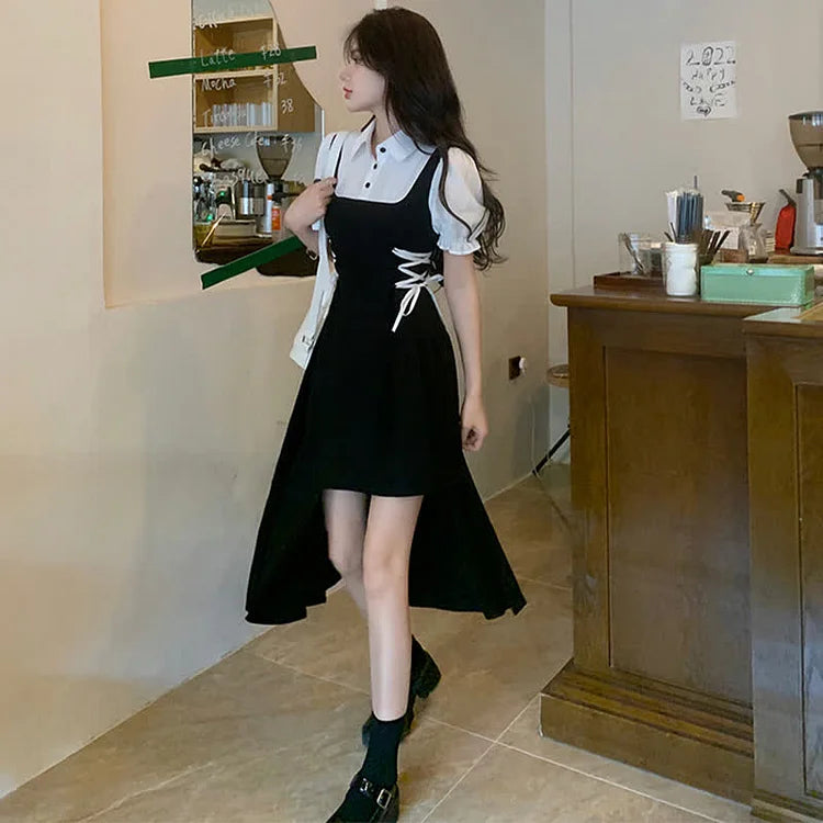 Irregualar Lapel Collar Puff Sleeve Lace Up Fake Two Piece Dress