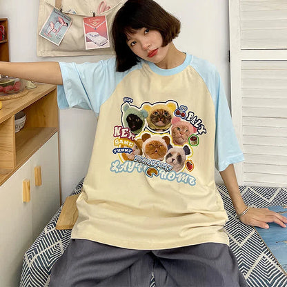 Kitty Letter Print Round Neck Colorblock T-Shirt