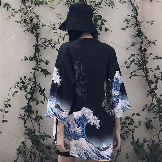 Vintage Wave Carp Print Casual Cardigan Kimono Outerwear
