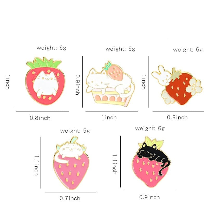 Sweet Strawberry Cat Bunny Enamel Pins Meowhiskers