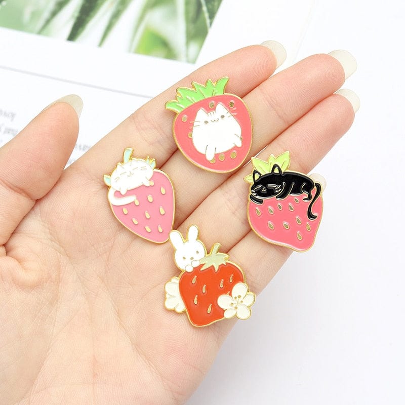 Sweet Strawberry Cat Bunny Enamel Pins Meowhiskers