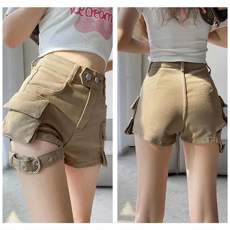 Chic High Waist Cargo Pockets Denim Shorts