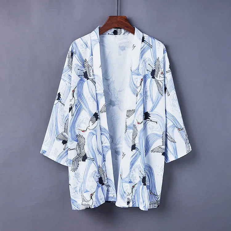 Vintage Crane Print Casual Cardigan Kimono Outerwear