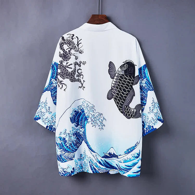Vintage Wave Carp Print Casual Cardigan Kimono Outerwear