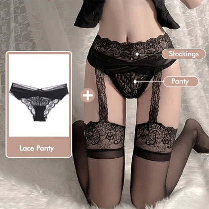 Sexy One-Piece Straps Lace Stockings Panty Set