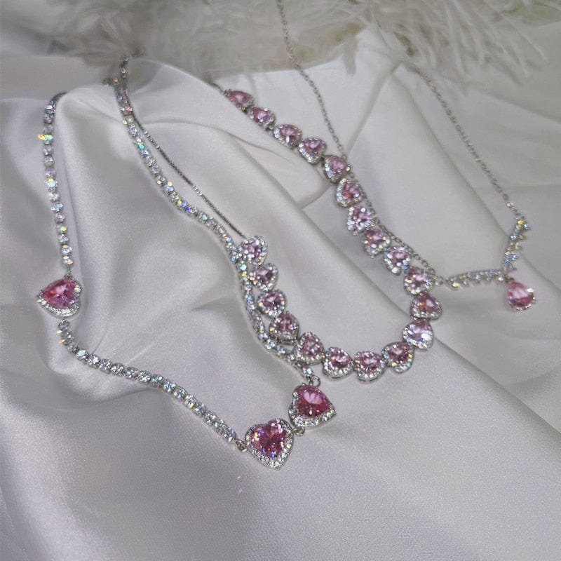 Trendy Sweet Pink Crystal Heart Necklace Meowhiskers