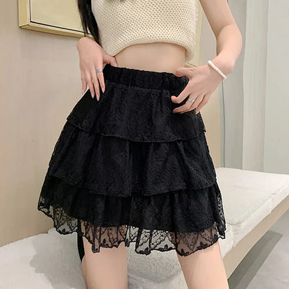 High Waist Floral Embroidery Layered Lace Skirt