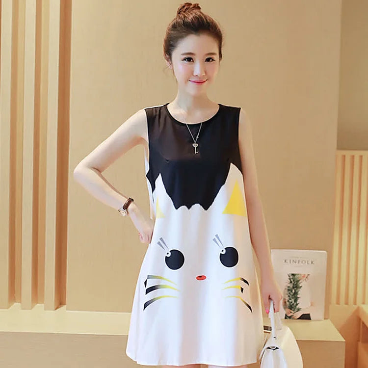 Cartoon Colorblock Cartoon Kitty Print Loose Dress