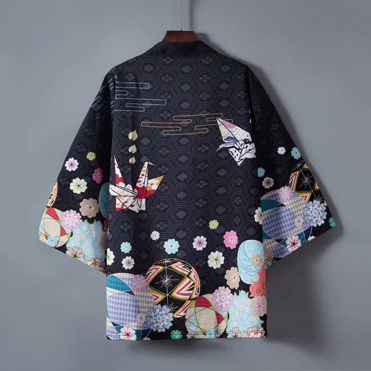 Vintage Paper Crane Blossom Print Cardigan Kimono Outerwear