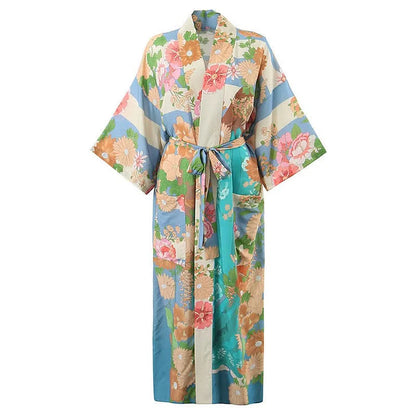 Vintage Floral Print Colorblock Robe Cardigan Kimono Outerwear