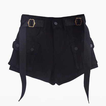 Chic High Waist Belted Cargo Pockets Denim Shorts