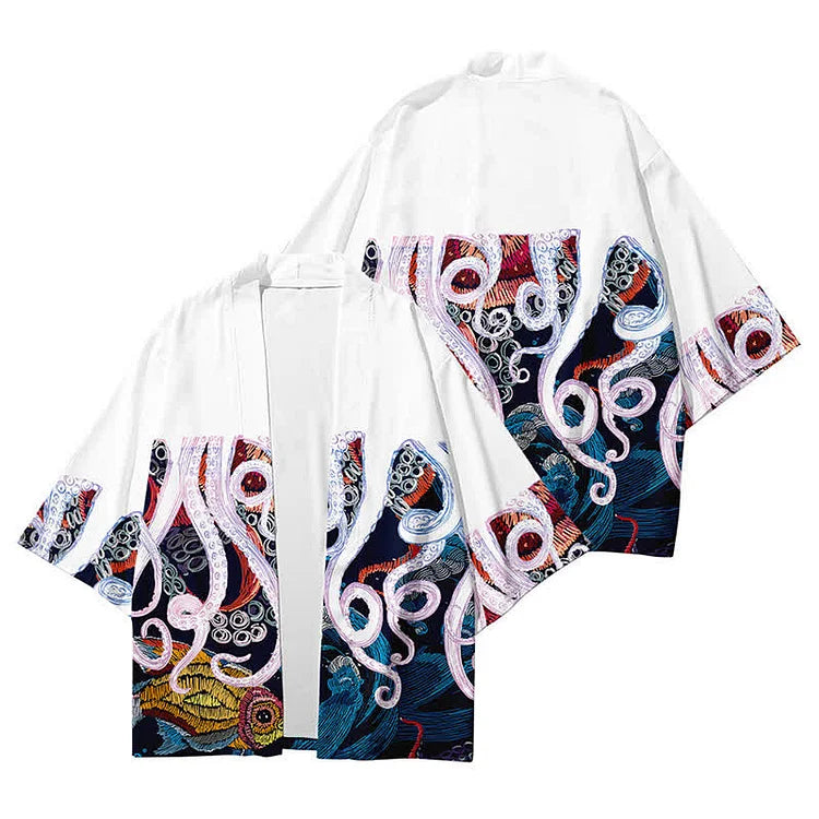 Vintage Octopus Colorblock Print Cardigan Kimono Outerwear