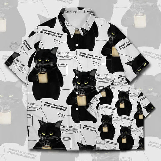 Cartoon Coffee Kitty Letter Print Casual Polo T-Shirt