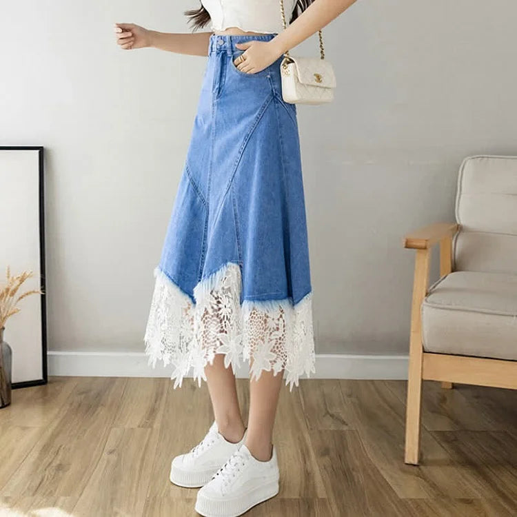 High Waist Floral Lace Stitching A-line Denim Skirt