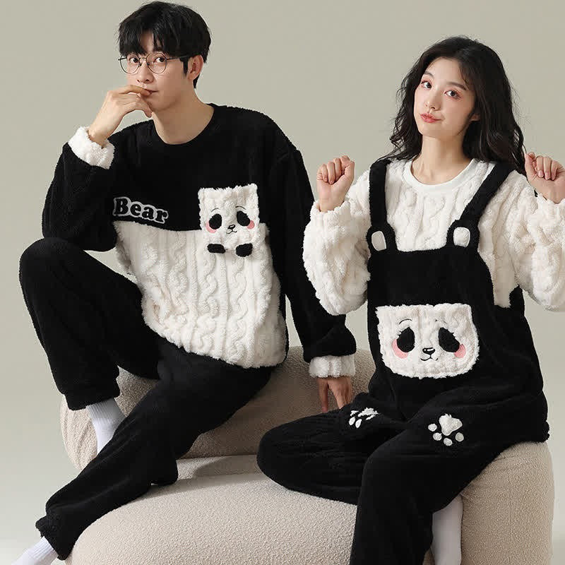 Kawaii Cartoon Panda Bear Print Plush Girlfriend Boyfriend Pajamas Set