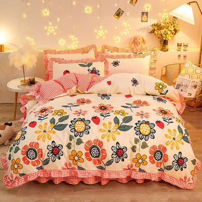 Pure Color Cartoon Floral Bedding Sets
