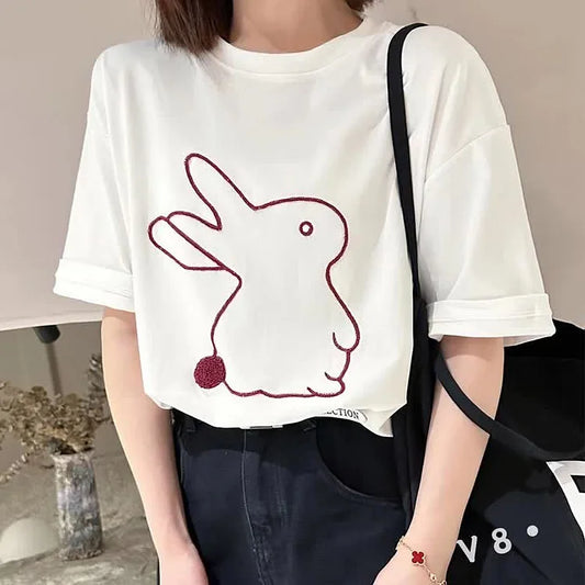 Cartoon Bunny Embroidery Round Neck Casual T-Shirt