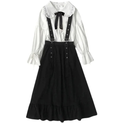 Lolita Doll Collar Bow Decor Shirt Suspender Skirt Set